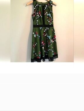 Guess Olive Green Floral Midi Dress with Black Trim